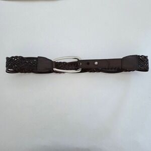 Brown Woven 100% Leather Belt Silver Buckle